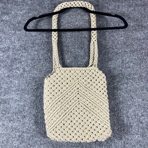 VTG Handmade Macrame Shoulder Bag Womens Medium Beige Boho Floral Lined Tote